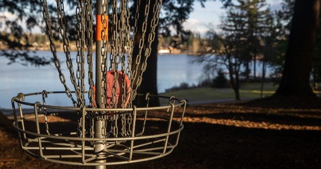 A close-up shot of a disc golf basket with chains, situated in a wooded park area near a peaceful lake. The basket is in focus, with a red disc resting inside, indicating a successful throw.