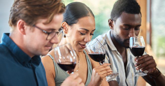 Three people sitting side by side, each holding a glass of red wine close to their noses, appreciating the aroma during a wine tasting session.