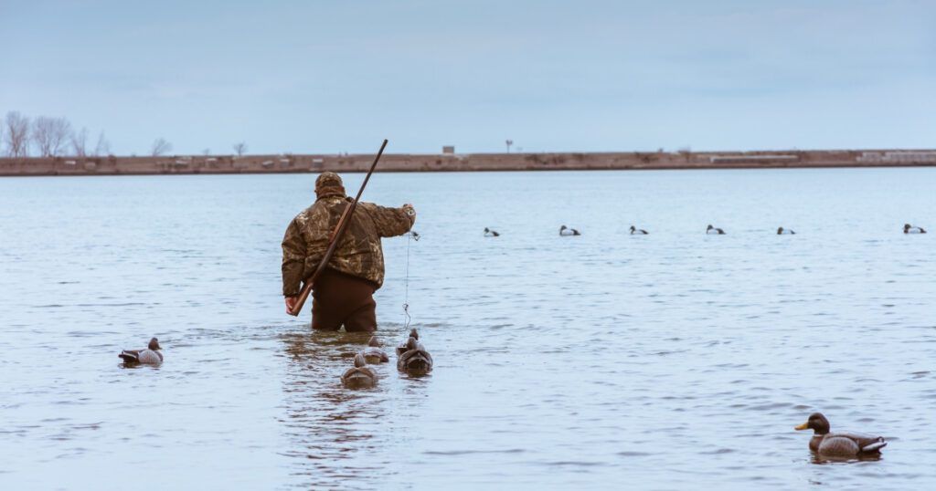 A hunter wades through shallow water in a bay while setting up decoy ducks, with a shotgun slung over his shoulder.